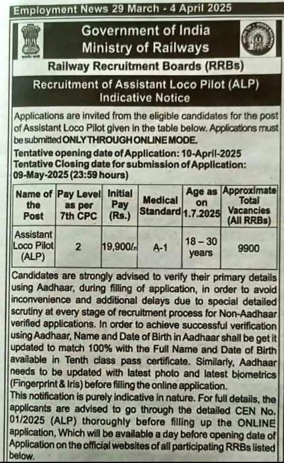 રેલ્વેમાં આસિસ્ટન્ટ લોકો પાયલટની નવી ભરતી, 9900+ પોસ્ટ માટે RRB નોટિફિકેશન જારી 1 rrb alp recruitment 2025 notification pdf railway assistant loco pilot new bharti apply online form date